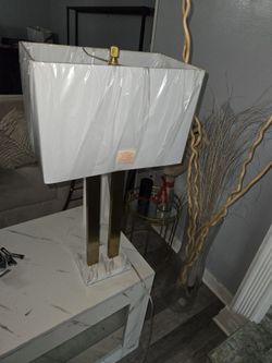 Two gold and marble lamps & coffee table
