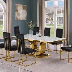 9 PIECE MARBLE TOP DINING TABLE SET BLACK VELVET CHAIRS ART DECO GLAM