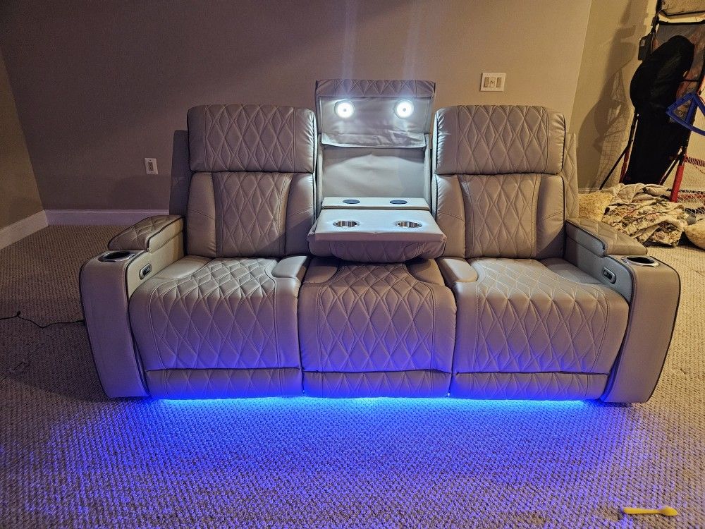 Brand New Box Beige Leather Electric Recliner Sofa Loveseat