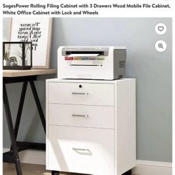 File Cabinet, White Wood,3 Drawers, With Wheels