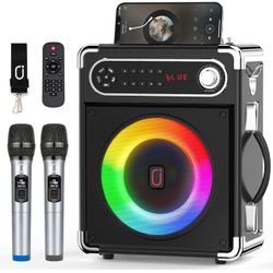 Karaoke Machine with Two Wireless Microphones, Portable Bluetooth Speaker with Bass/Treble Adjustment, PA System with Remote Control, LED Lights,Suppo
