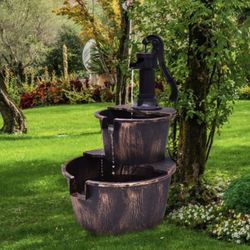 New in box hours of relaxation with two-tier resin barrel fountain with pump for patio/garden/pool