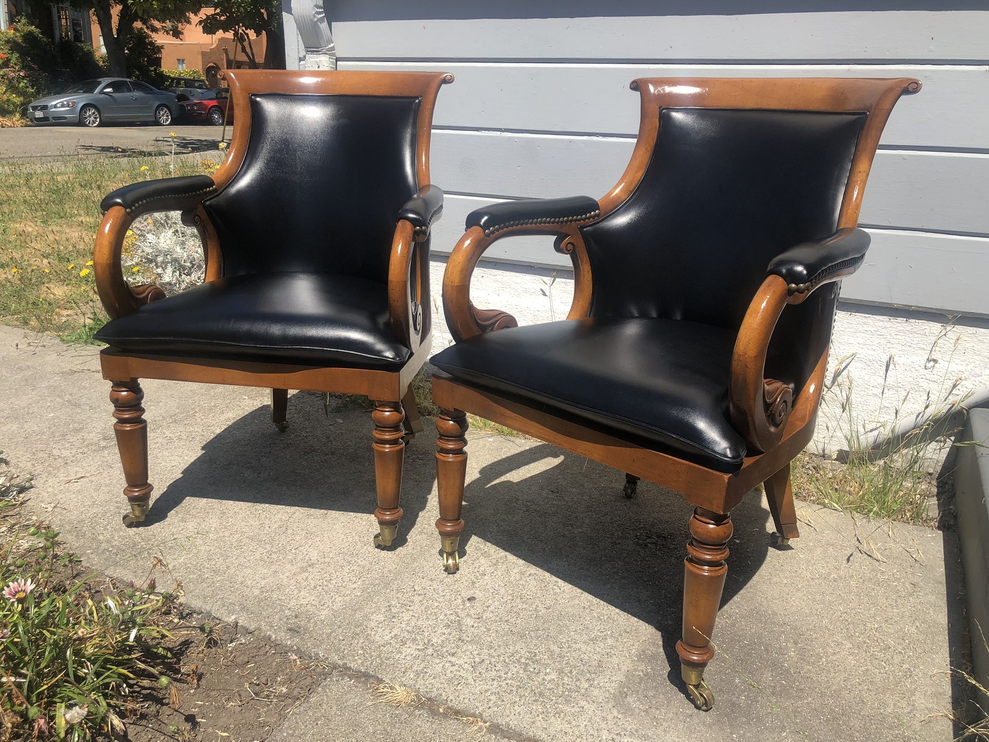 Vintage Jockey Club Black Leather and Wood Chairs by Interior Crafts