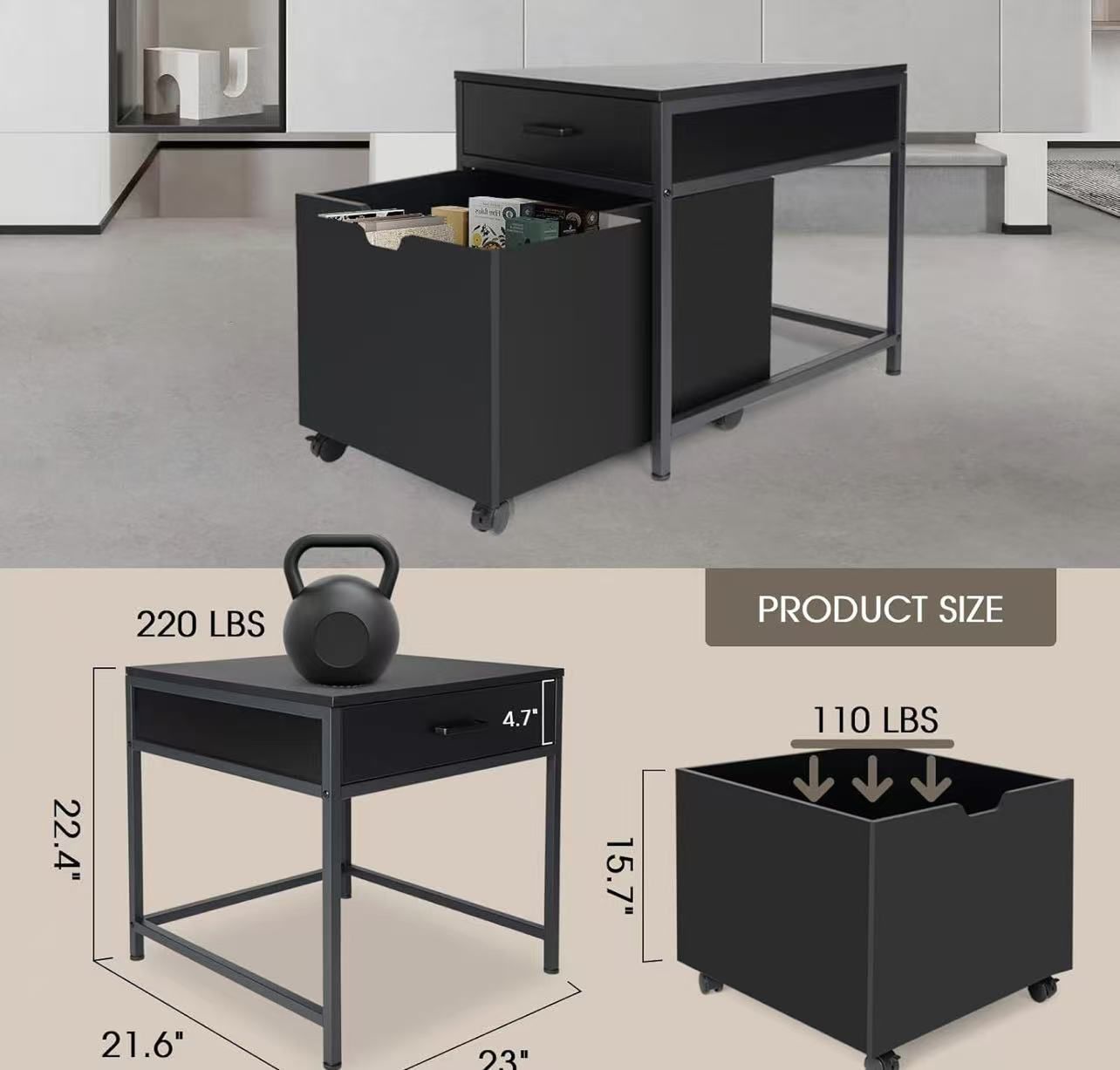 🥨Nightstand with Drawer & Storage Cabinet, Wood Metal Side End Table, Modern Night Stand Bedside Table for Bedroom, Black
