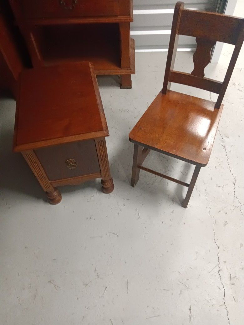 Solid Wood Antique Kids Chair With Antique Table With Drawer