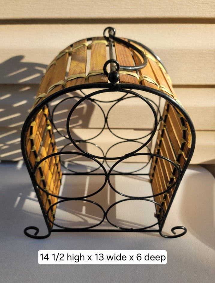 Metal Black Woven Wood 5 Bottle Counter Top Wine Holder Rack With Handle