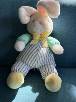 Vintage Plush By hallmark White Bunny Rabbit In Blue And White Striped Overalls 