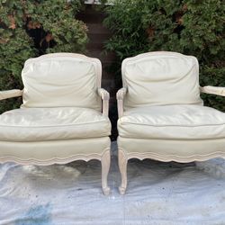 Vintage 1990s Sam Moore Bergère Chairs in Ivory Genuine Leather, Whitewashed Maple Frame – Pair