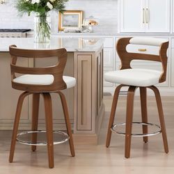 26"H Counter Height Faux Leather Swivel Bar Stools, White (Set of 2)
