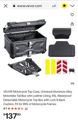 VEVOR Motorcycle Top Case, Universal Aluminum Alloy Motorbike Tail Box with Leather Lining, 65L Waterproof Detachable Motorcycle Top Box with Lock & B