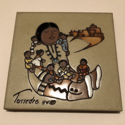1970s Cleo Teissedre Handpainted Storyteller Ceramic Tile 84’ Woman With Kids Trivet