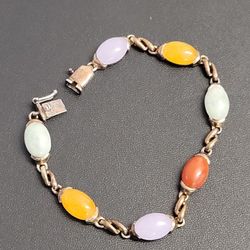 Vintage Multi-Color Jade Sterling Silver 925 Link Bracelet