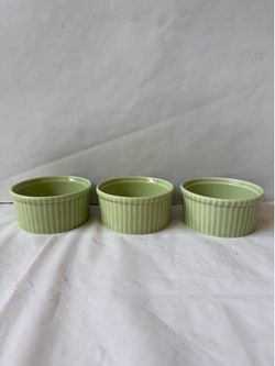 Apilco Porcelaine France Set of 3 Ribbed Green Ramekins Souffle Custard Cups