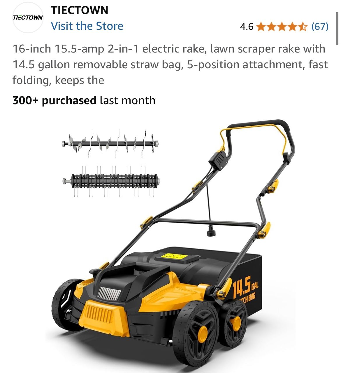 16-inch 15.5-amp 2-in-1 electric rake, lawn scraper rake with 14.5 gallon removable straw bag, 5-position attachment, fast folding, keeps the