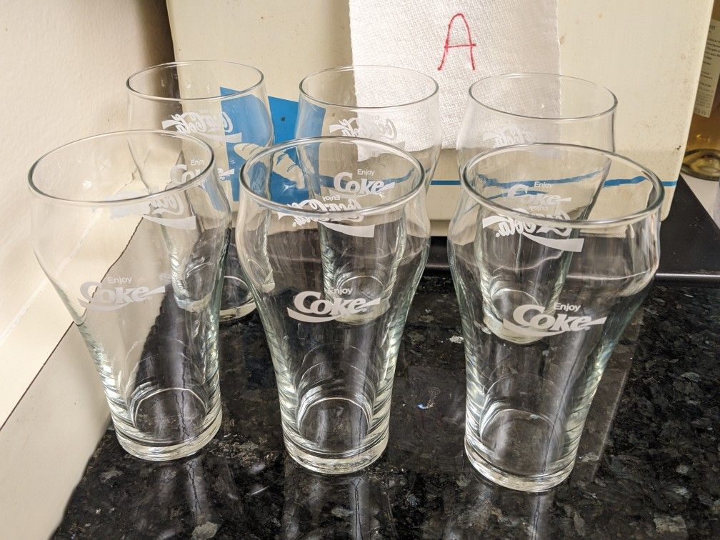 Vintage Enjoy Coca Cola Coke Bell Clear Soda Fountain Glass  6"- 16oz Set of 6