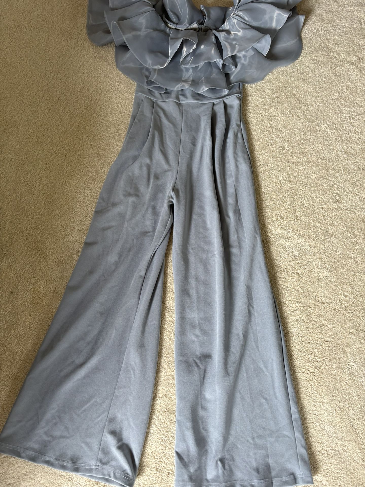 Off Shoulder Layered Ruffle Detail Palazzo Jumpsuit Size Medium