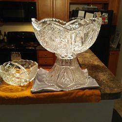 Antique Hawkes 2-Piece Punch Bowl - 14" American Brilliant Period (ABP) - Hobstar & Fan Pattern