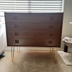   Mid-Century Modern Wood Dresser w/ Brass Hairpin Legs – 4 Drawer