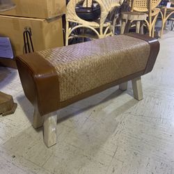 Wooden Cane Leather Bench