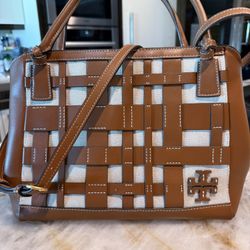 Tory Burch woven leather and canvas satchel handbag