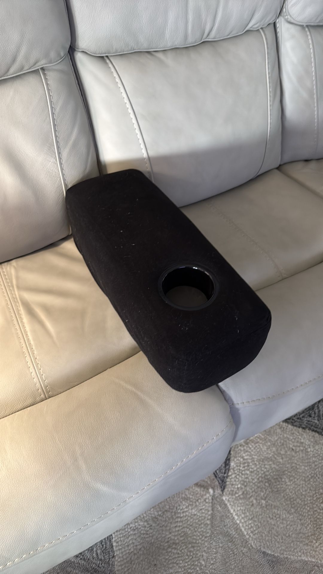 Removable sofa arm rest. Like new. Red leather with soft black felt cover