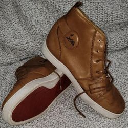 Christian Louboutin Leather Nono Strap High Top Sneakers Tan 11