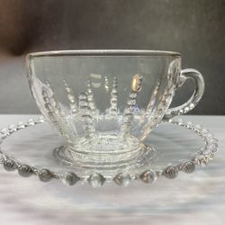 4) Sets of Vintage Columbia pattern glass cups by Federal Glass with Candlewick 5 1/2” round Saucers. by Imperial Glass. Made in USA.