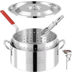 10QT Stainless Steel Deep Fryer with Basket | Fish Fryer | Frying Pot with Lid, Fryer Tong & Thermometer | Not Compatible with Induction or Electric S