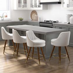 Counter Height Bar Stools Set of 4, 24" Leather White Bar Stools with Backs, Swivel Counter Stools with Wooden Legs for Kitchen, Dining Room, Bar, Cre