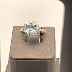 New - 14K Gold Ring with Square Cushion Aquamarine and Diamonds