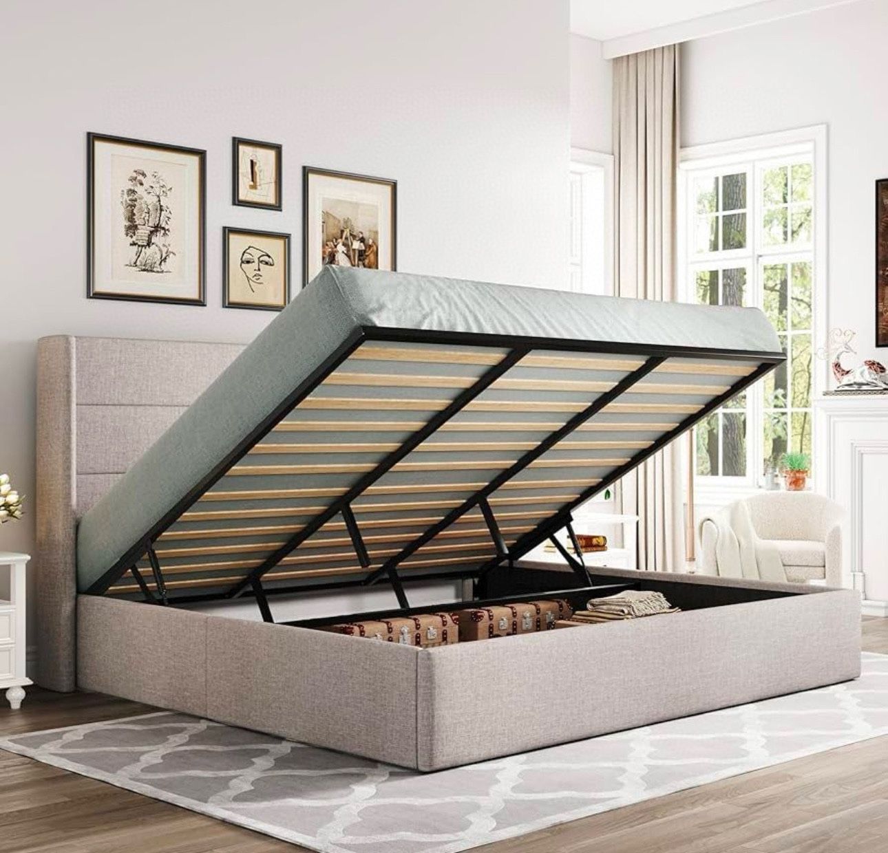 King Size Lift Up Storage Bed, Modern Wingback Headboard, No Box