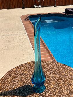 Viking Six Petal Blueique deep teal Glass Swung Vase Mid Century Modern Style 22.5”