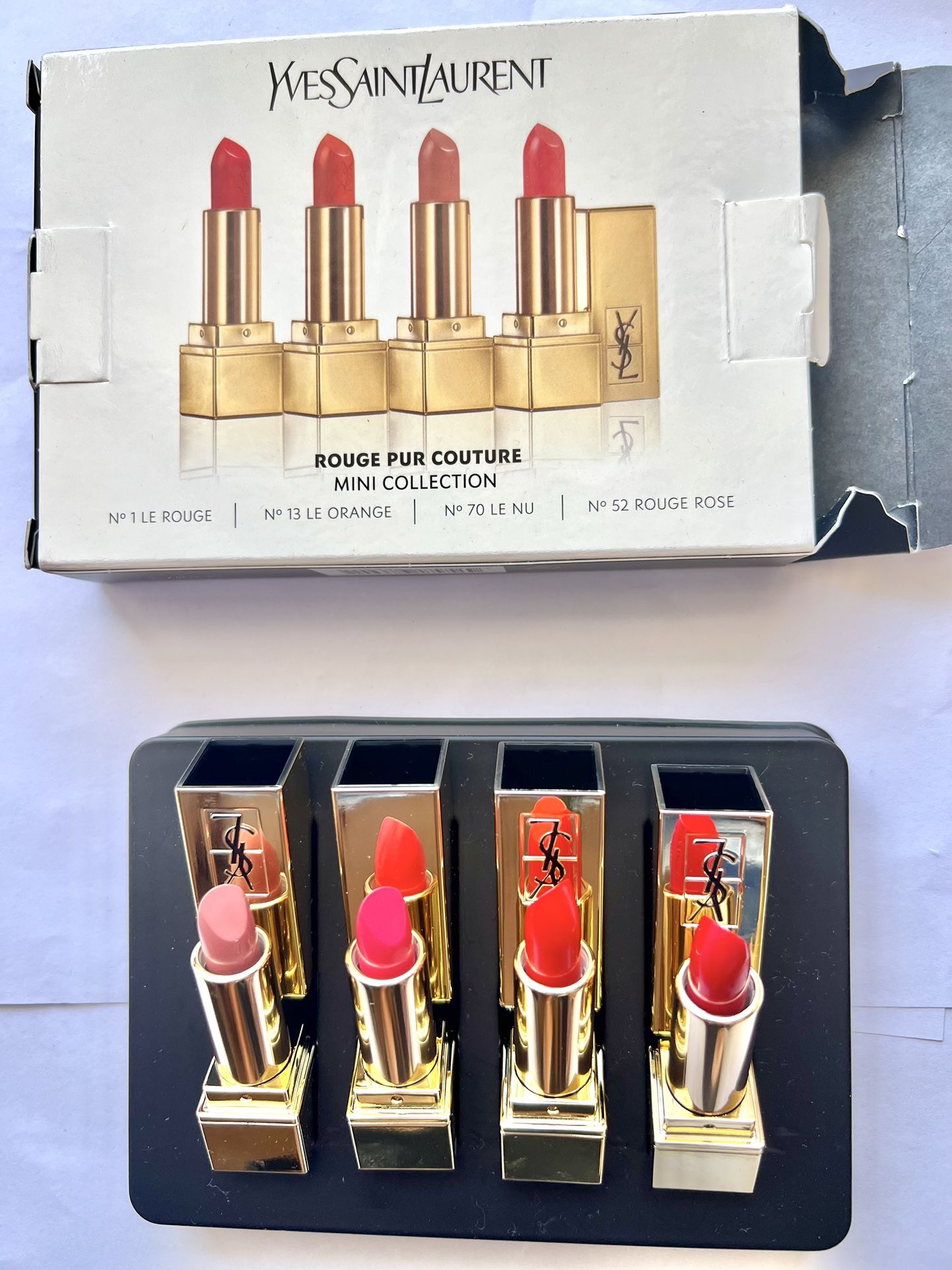 Yves Saint Laurent YSL Mini Rouge Pur Couture Lipstick 4pc Gift Set Me Rouge NIB. Box not very good , travel size 4 * 0.03oz 1.2g N 1 LE ROUGR