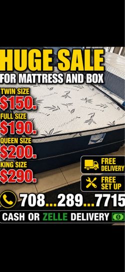 Huge sale for Mattress And Box Twin size #mattress and box 150.$ full 190$ Queen 200$ king 290$. free delivery free set up 708….289…7715… cash or Zell