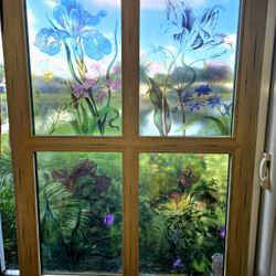 Vintage Painted  Flowers Window Art with ArtisticDepictionofIris, TulipsandPansies. 20"×28" Privacy Window Panel 