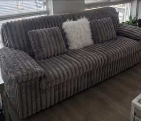 Charcoal Plush Corduroy Sofa | Ultra Soft | 3-Seat | Includes Pillows