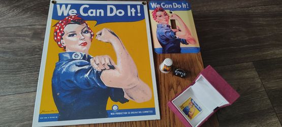 5-Piece Rosie the Riveter Collectibles Lot - Metal Sign, Switch Plate, Stamp, Thimble & Pin