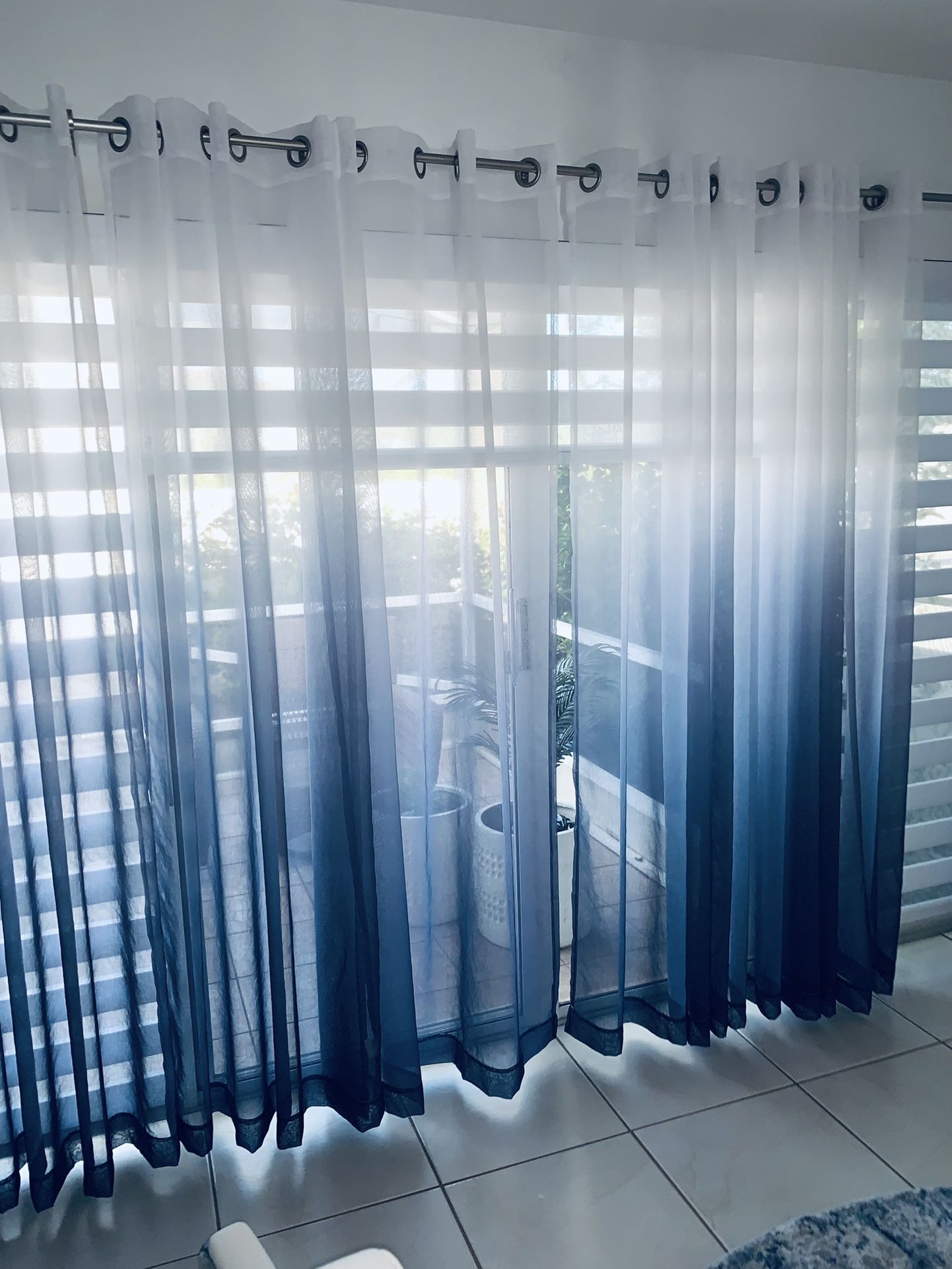 4 set of 2 luxury blue ombre draperies three shades from white , blue to navy ( total 8) . Faux linen wrinkle free .