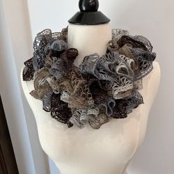 New Elegant hand knitted Multi colored Ruffled Scarf silver accents crochet