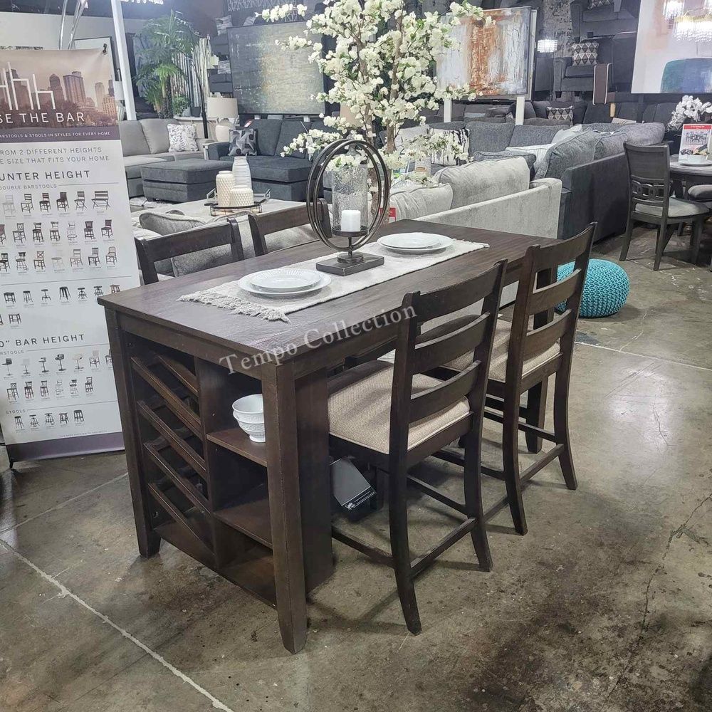 Ashley's Counter Height Dining Set with Wine Rack and Shelves, 5 Pcs Set, Brown Color, SKU#10D397-32