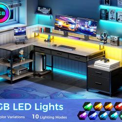 L Shaped Desk with 5 File Drawers, 75" Reversible L Shaped Computer Desk with Power Outlet & LED Strip, Office Desk with Storage Shelves, Gaming Table