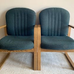 (2) Office Depot Oak Wood Guest Chairs • Greenish-Blue, Teal Cloth Fabric