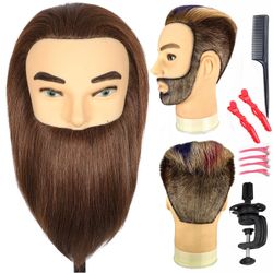 Male Mannequin Head With Beard 100% Real Human Hair Haircut Training Head For Cosmetology Straight Thick Hair Manikin Head Doll Head With Stand Practi
