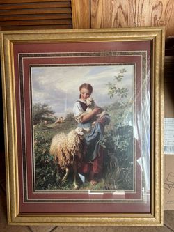 Vintage Home Interiors & Gifts Framed Artwork – Shepherd Girl & Sheep – Gold Frame