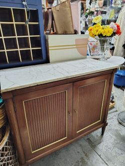 Mid-Century Modern Marble Top Wood Cabinet