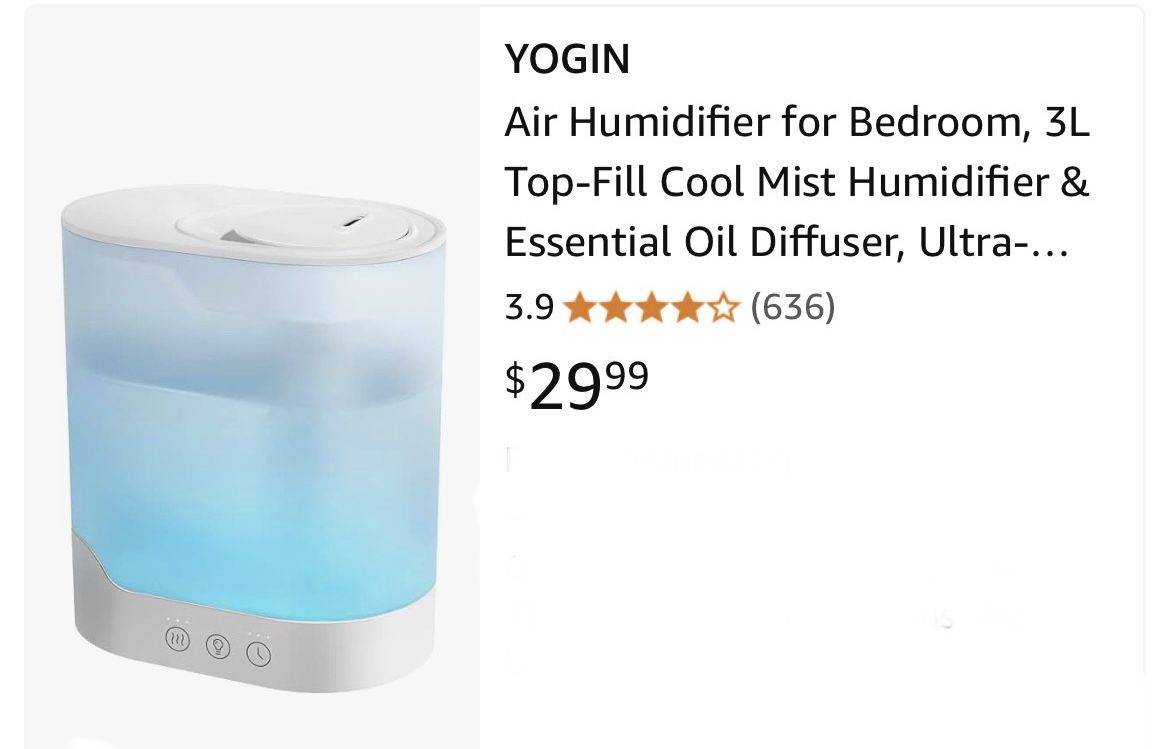 New, In Box (still In Plastic), Yogin Air Humidifier For Bedroom. MSRP $29.99