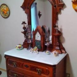 Gorgeous Antique (Victorian?) Carved Marble top, mirrored Dresser / Chest of Drawers 