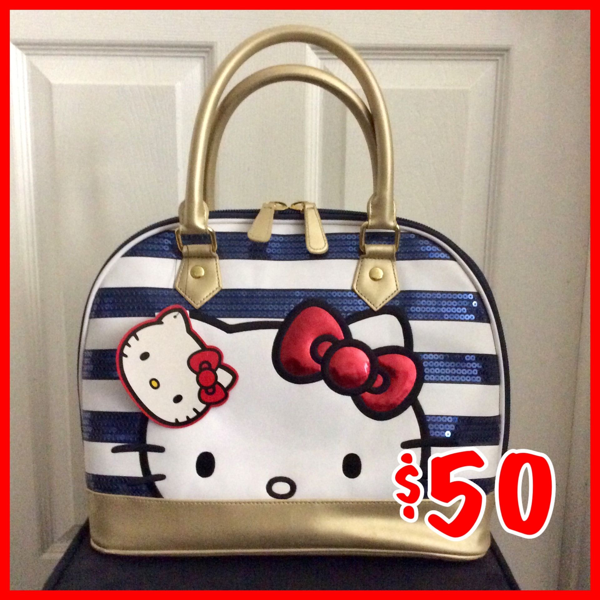 🔥FLASH SALE🔥 NEW HELLO KITTY LOUNGEFLY NAVY BLUE STRIPED SEQUINS BAG PURSE TOTE SATCHEL