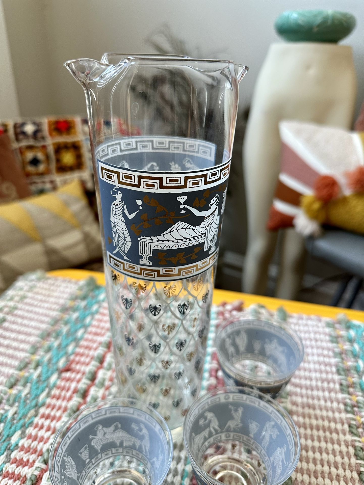 Vintage Glass Greek Pitcher & Glasses