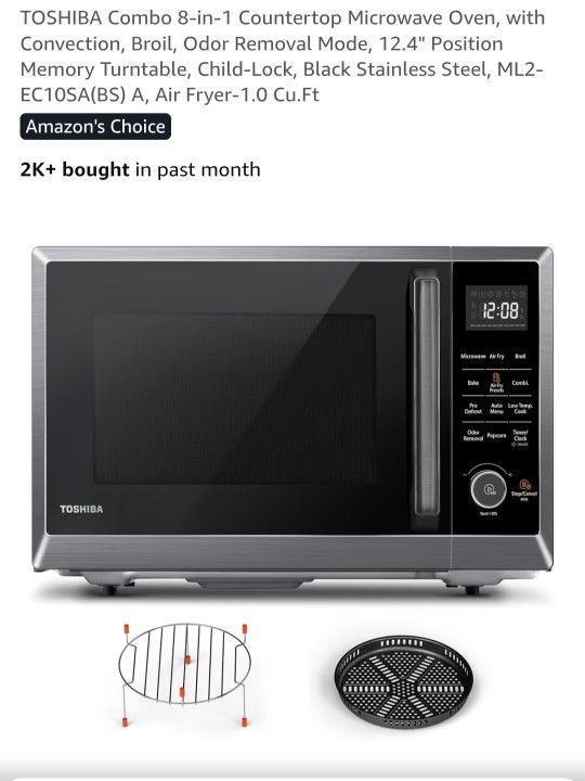 TOSHIBA Combo 8-in-1 Countertop Microwave Oven, with Convection, Broil, Odor Removal Mode, 12.4" Position Memory Turntable, Child-Lock, Black Stainles